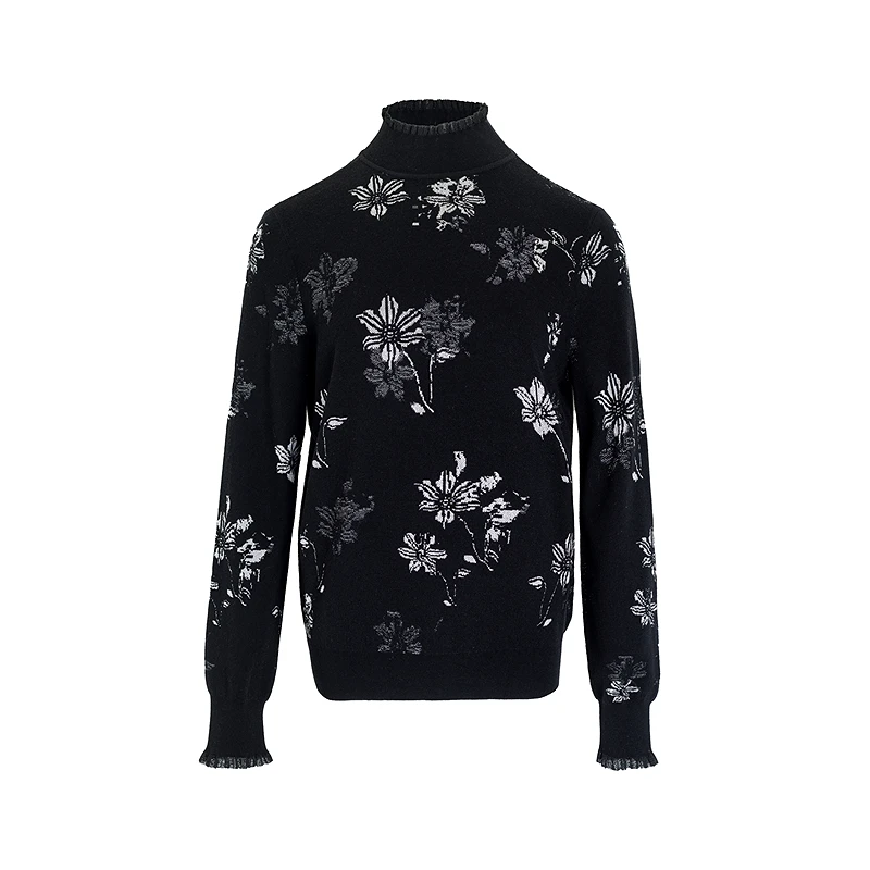 Ele Knitted Top Women's Slim Fit Autumn New Arrival a Life on the Left 2025 High Collar ort Length Plant Floral Pattern