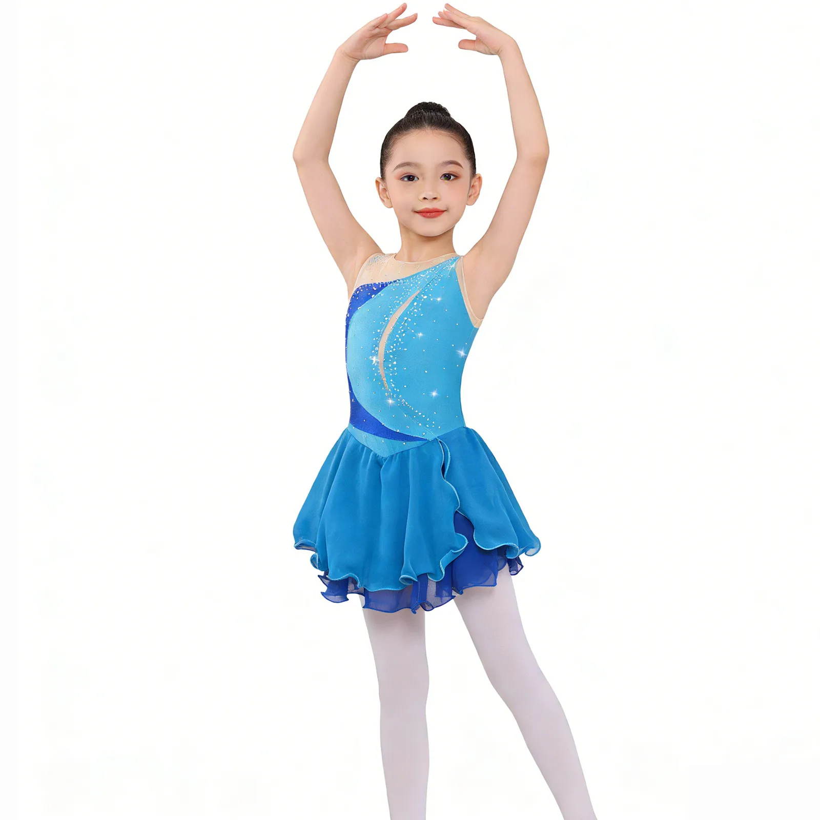 Kids Girls Shiny Rhinestone Gymnastics Ballet Jersey Artistic Figure Skating Costume Ruffle Chiffon Dance Performance Dress