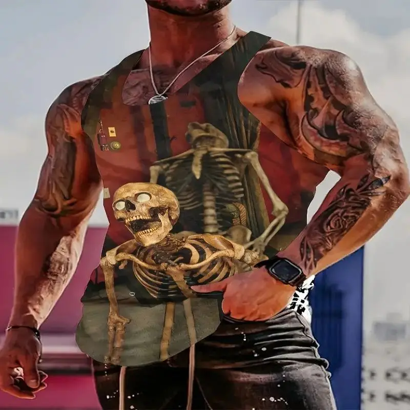 Summer casual breathable and refreshing vest oversized men's new sports fitness vests men's tops Y2K style printed skull pattern