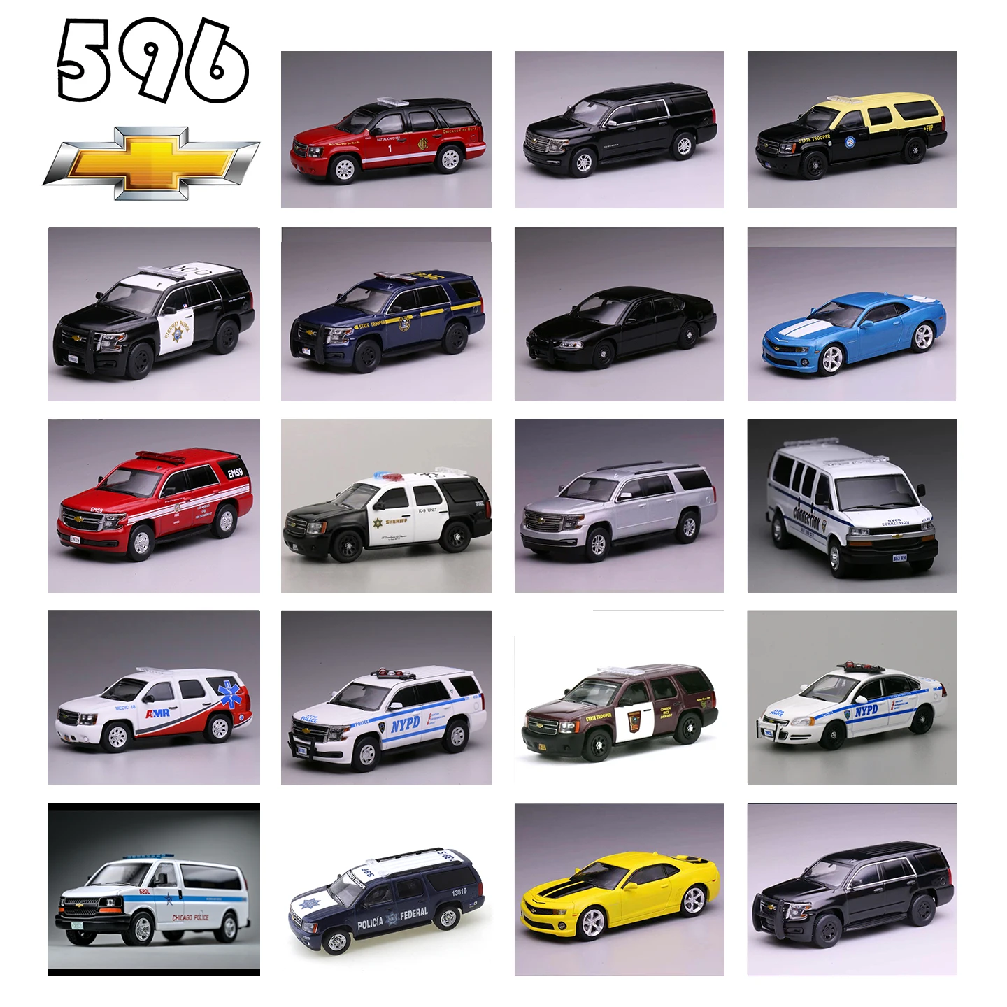 596 1/64 Chevrolet Impala River Fire Department Yukon Caimaro NYPD Car Alloy Motor Vehicle Diecast Metal Model Kids Toys Boys