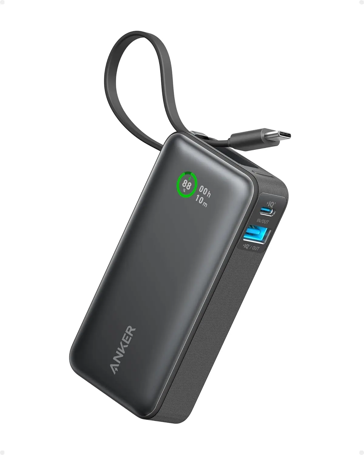 Anker Nano Power Bank, 10,000mAh Portable Charger with Built-in USB-C Cable, 30W Recharging, 30W Max Output with USB-C&A