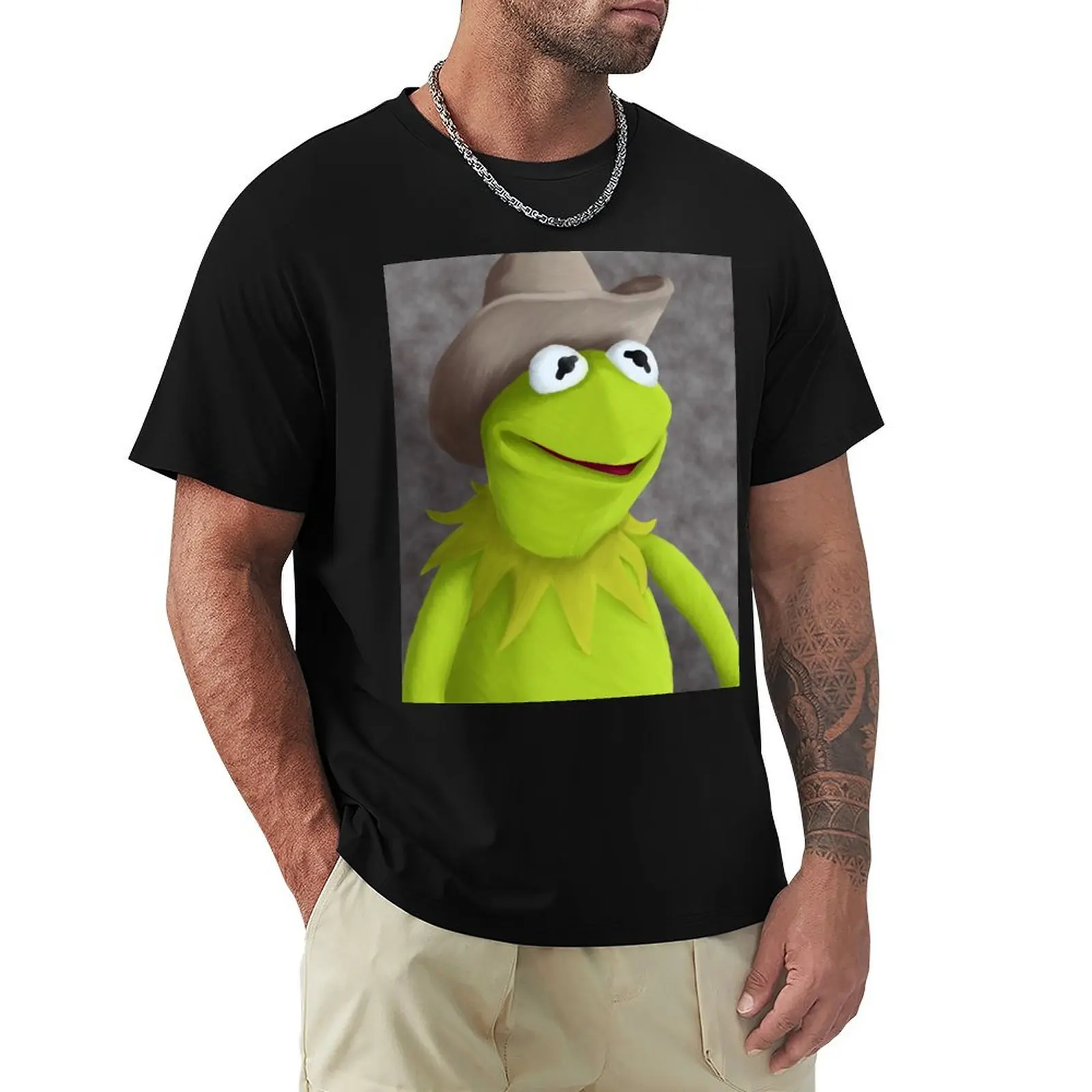 Cowboy Hat Kermit Portrait T-Shirt Casual Minimalist Short Sleeve Top