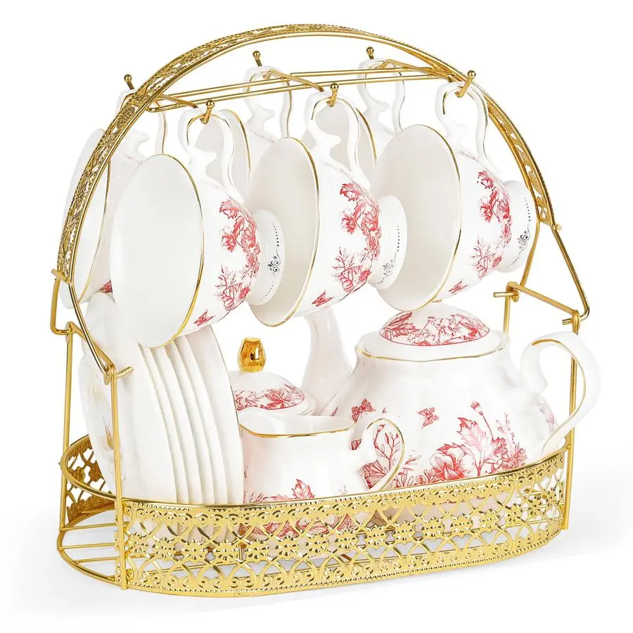 

Винтажный фарфоровый чайный сервиз с держателем, 22-компонентный красный цветочный новый костяной фарфор, чайный кофе, подарочные наборы для свадьбы, дня рождения, 6 чашек чая a