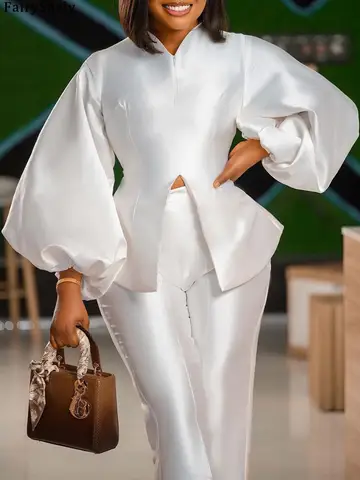 2025 Long Sleeve Two Piece Top Pants Office Suit Women Casual Plus Size Wide Pants Set Ladies Elegant Shiny Solid Large Pantsuit