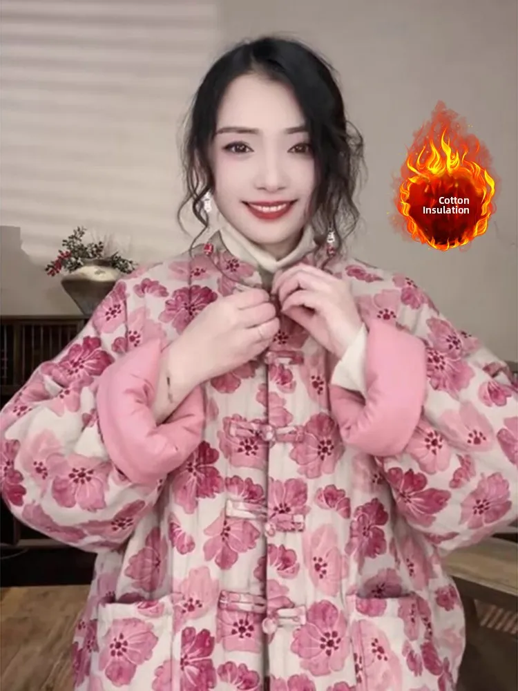 New Chinese Style Cotton Linen Floral Print Women's Jacket Large Size Fashionable Anti-Aging Cotton Clothes Stand Collar Butt...