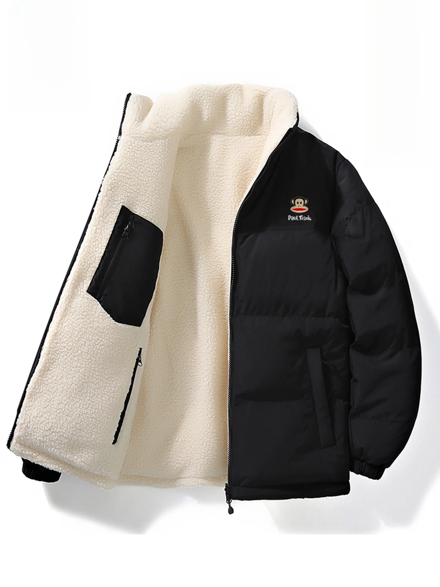 

PaulFrank Warm Cotton Jaet Men's Winter Casual Lamb Velvet Coat Loose Fit Bla Simple Sle Youth ular Polyester Fiber