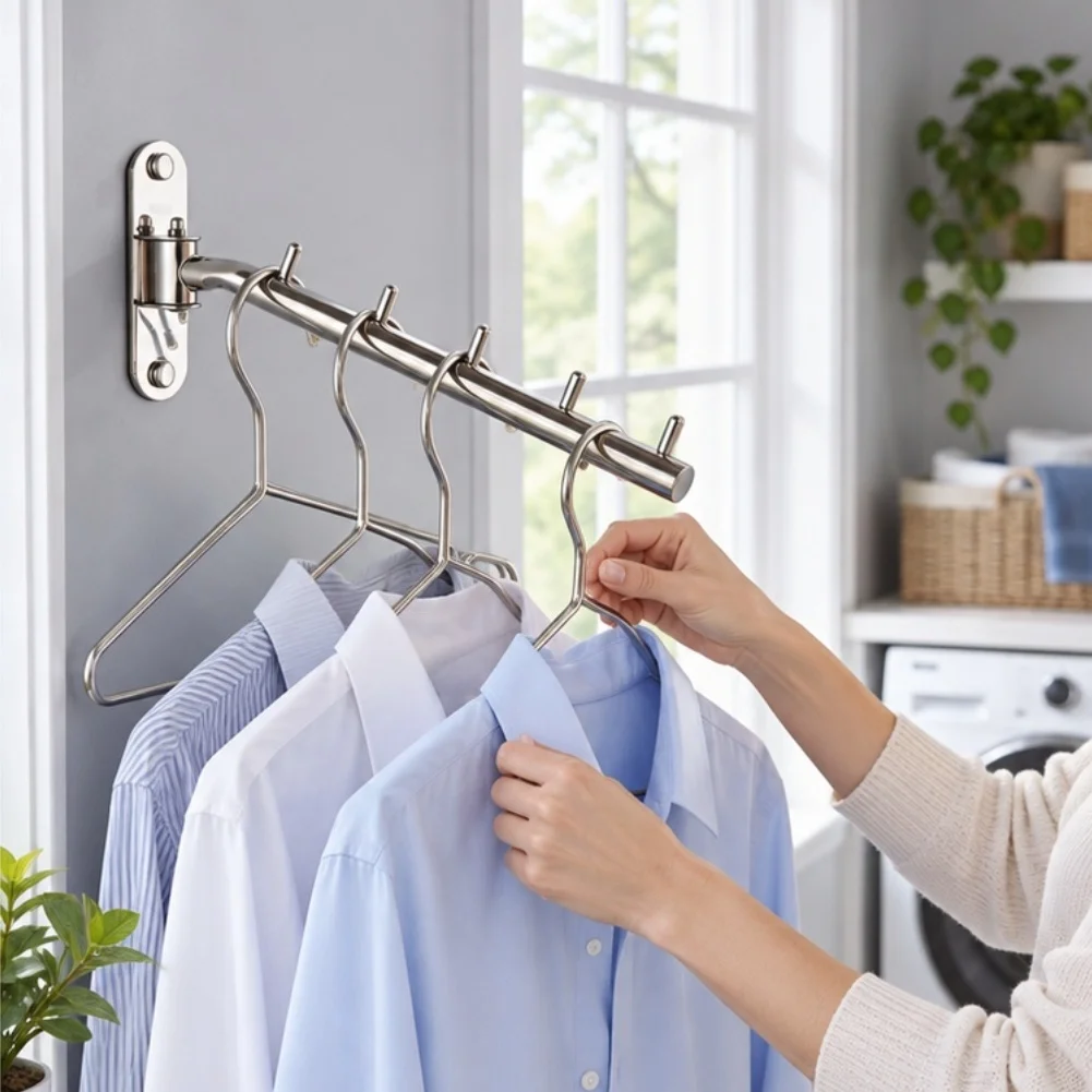 Stainless Steel Wall Mounted Clothes Drying Rack With 180° Swivel Arms & 5 Hooks, Space Saving Laundry Hanger For Bathroom Dorm