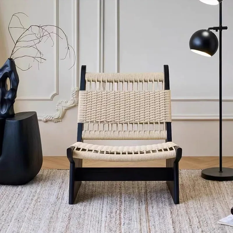 Medieval retro solid wood sofa chair, living room balcony backrest, single casual rattan chair