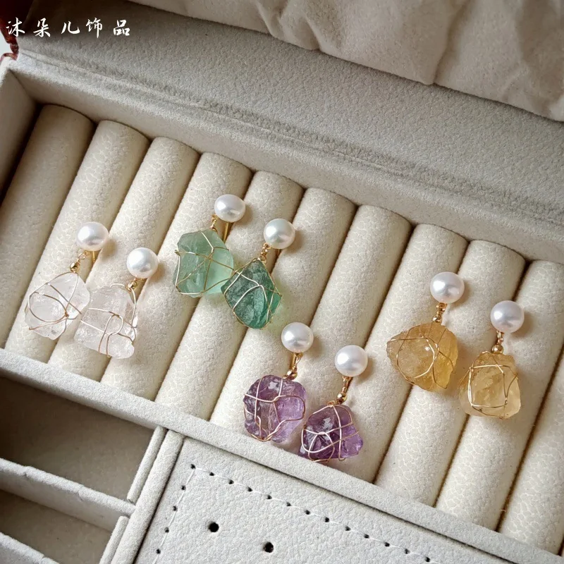 Bohemia Style Natural Freshwater Pearls Natural Amethyst Citrine White Stone Hand-wound 925 Sterling Silver Needle Stud Earrings