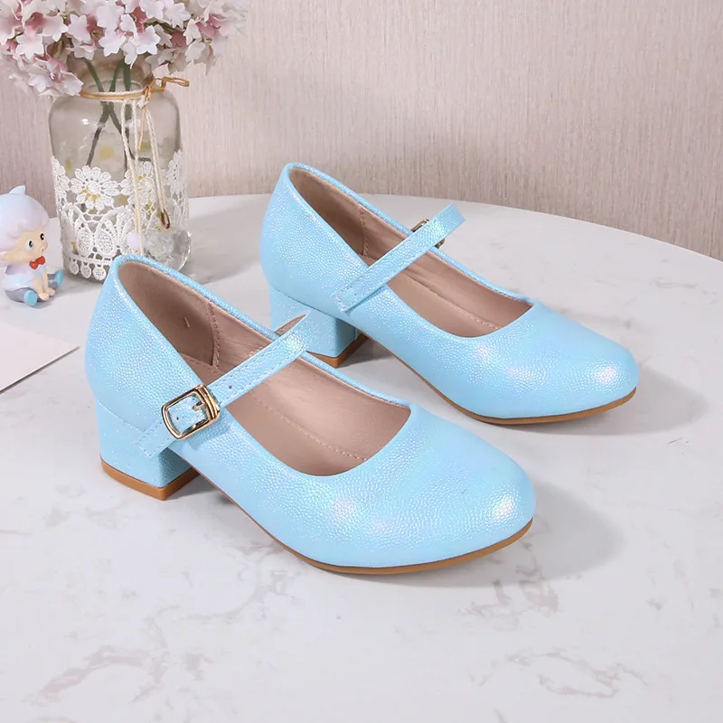 Girls Blue Dress Shoes Spring Autumn 2026 Sparkly Kitten Heel Pumps with Single Strap Evening & Prom Shoes for Student Parties