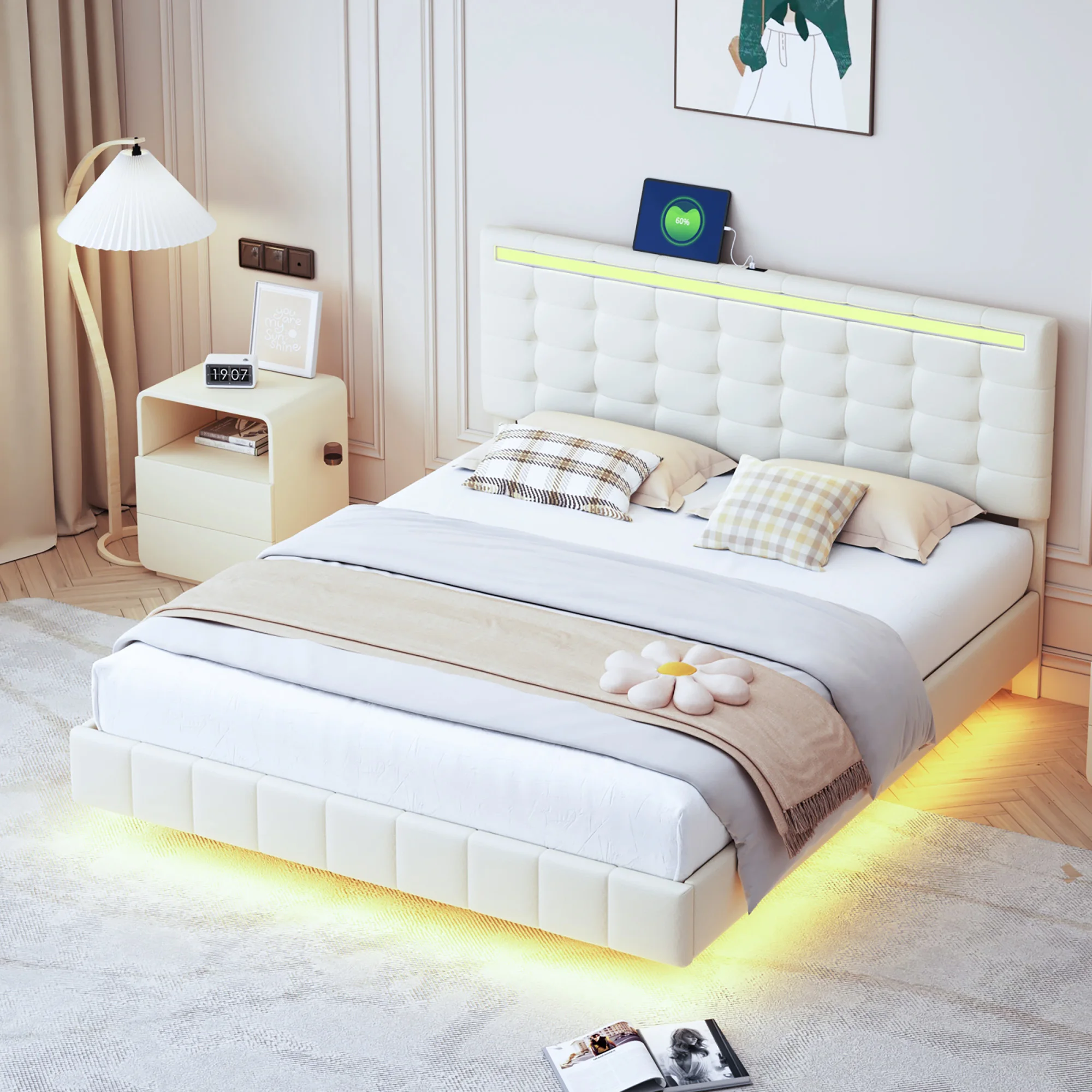 Beige Linen Upholstered Bed 160x200cm, Floating Bed Frame with LED Lights and Headboard design, Flat Double Bed Frame