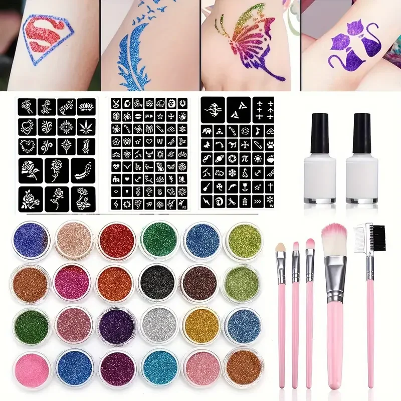 Glitter Temporary Tattoo Set 24 Colors with 2 Bottles of Glue,3 Sheets of Stencil Paper for Stage Performances,Christmas Parties