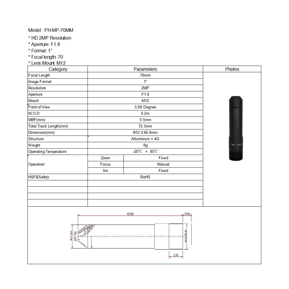 Witrue M12 pinhole 70MM CCTV Lens  1\