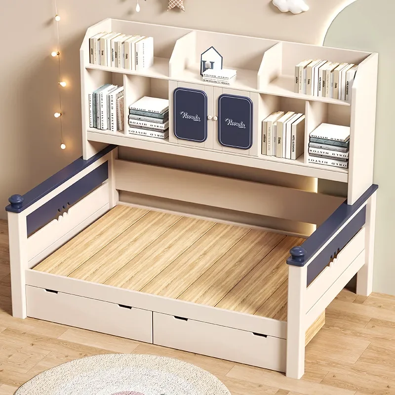 for Full Solid Wood Bed Wardrobe Dark Blue Integrated Small Apartment Children's Bed for Boy with Bookcase High Box Storage