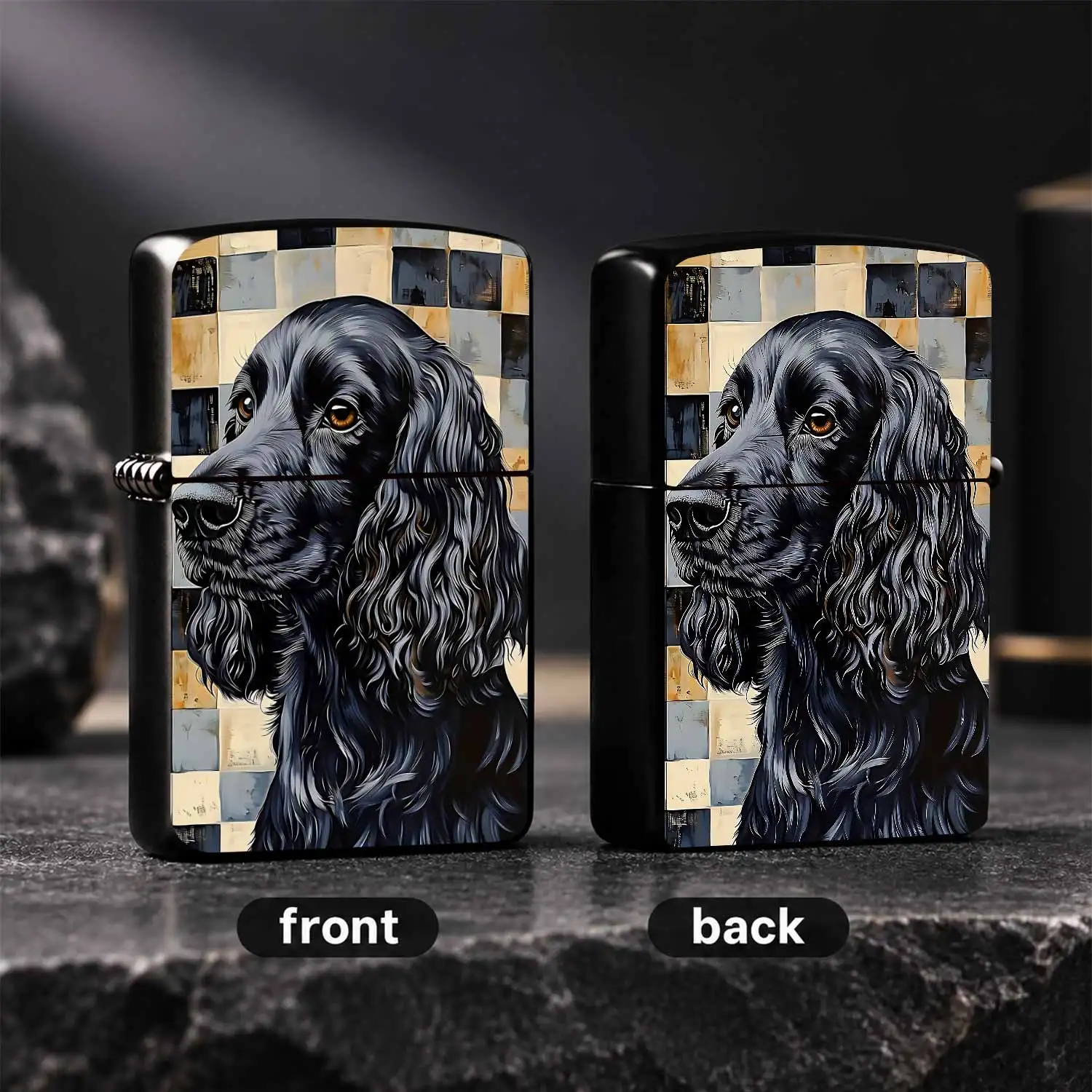 Vintage Stylish Black Cocker Spaniel Lighter With Art Checkered Background, Hand Painted Texture Pet Pattern Portable Accessory, Ideal For Daily Use, Party Gathering, Gifting To Pet Lovers As Creative Holiday Present, Ex A Humorou And Inter