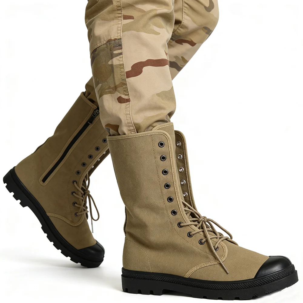 

Mens Canvas Boots Military Style High-Top Desert Boots Side Zipper Outdoor Shoes Breathable Non-slip D939