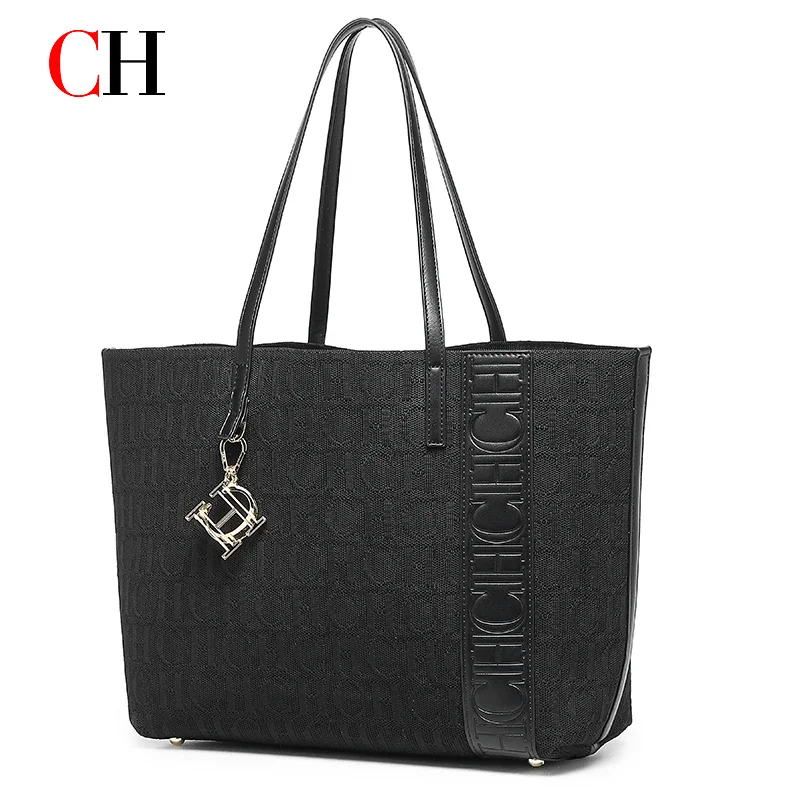 CH Brand All Over Letter Print Tote Bag With Metal Charm Handbag Versatile Commuter Large Capacity Shoulder Bag