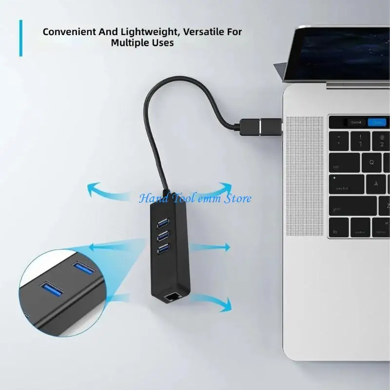 H37F USB Ethernet Adapter with Three USB-A Outlets and RJ45 Access for Office Laptops
