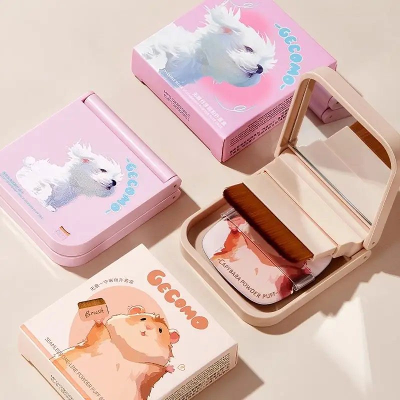 跡が残らないソフトブラシパフセット、超薄型ポータブル、パフミラー内蔵、完璧なベースメイクブラシ