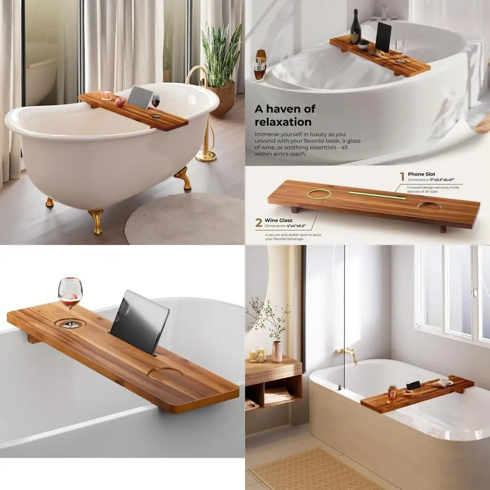 

Large Wooden Bathtub Caddy Tray, 35x9 Inches, Anti-Tipping, Sustainable Bath Tub Organizer