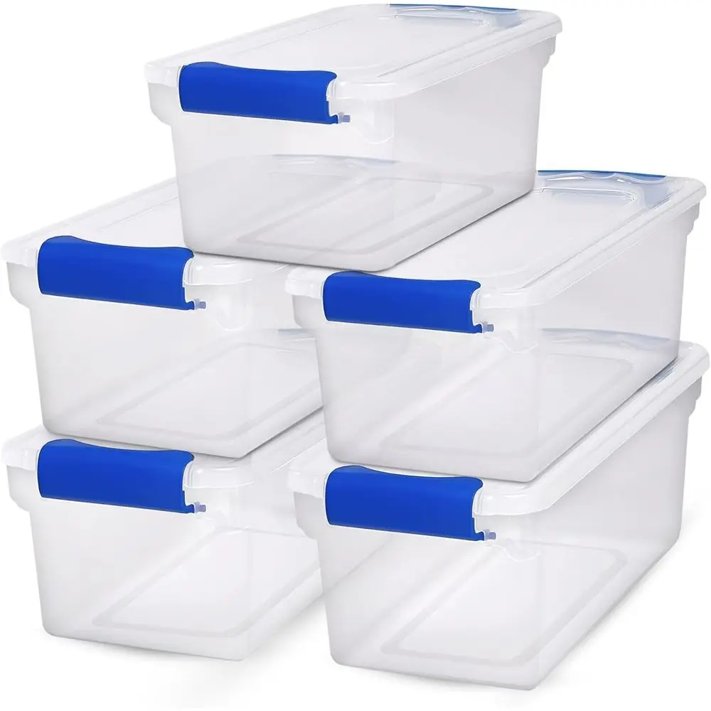 

5-Pack Latching Lid, Clear Plastic Storage Organizer Bins, 7.5 Quart, Blue Latch - Stackable Organizing Containers for Home, Gar