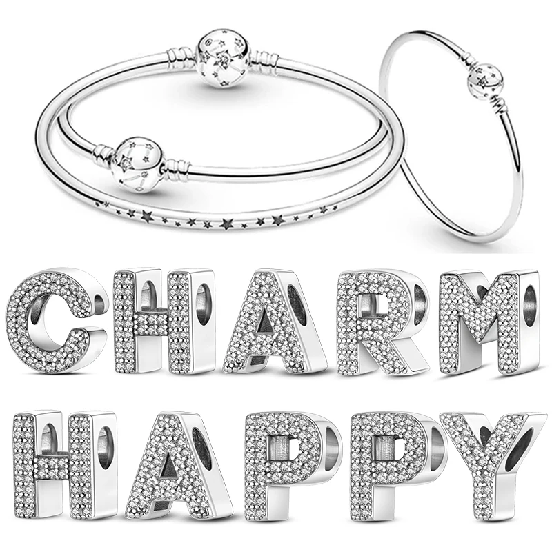 Hot 925 Sterling Silver Charms Beads 26 Letters Amulet Classic Retro Fit Pandora Bracelet Plata De Ley 925 Silver DIY Jewelry