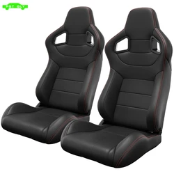 2PC Universal Bucket Racing Seats Red Stitch Red PVC Leather Reclinable Carbon Look Leather Back With Adjustor Slider(Not Includ