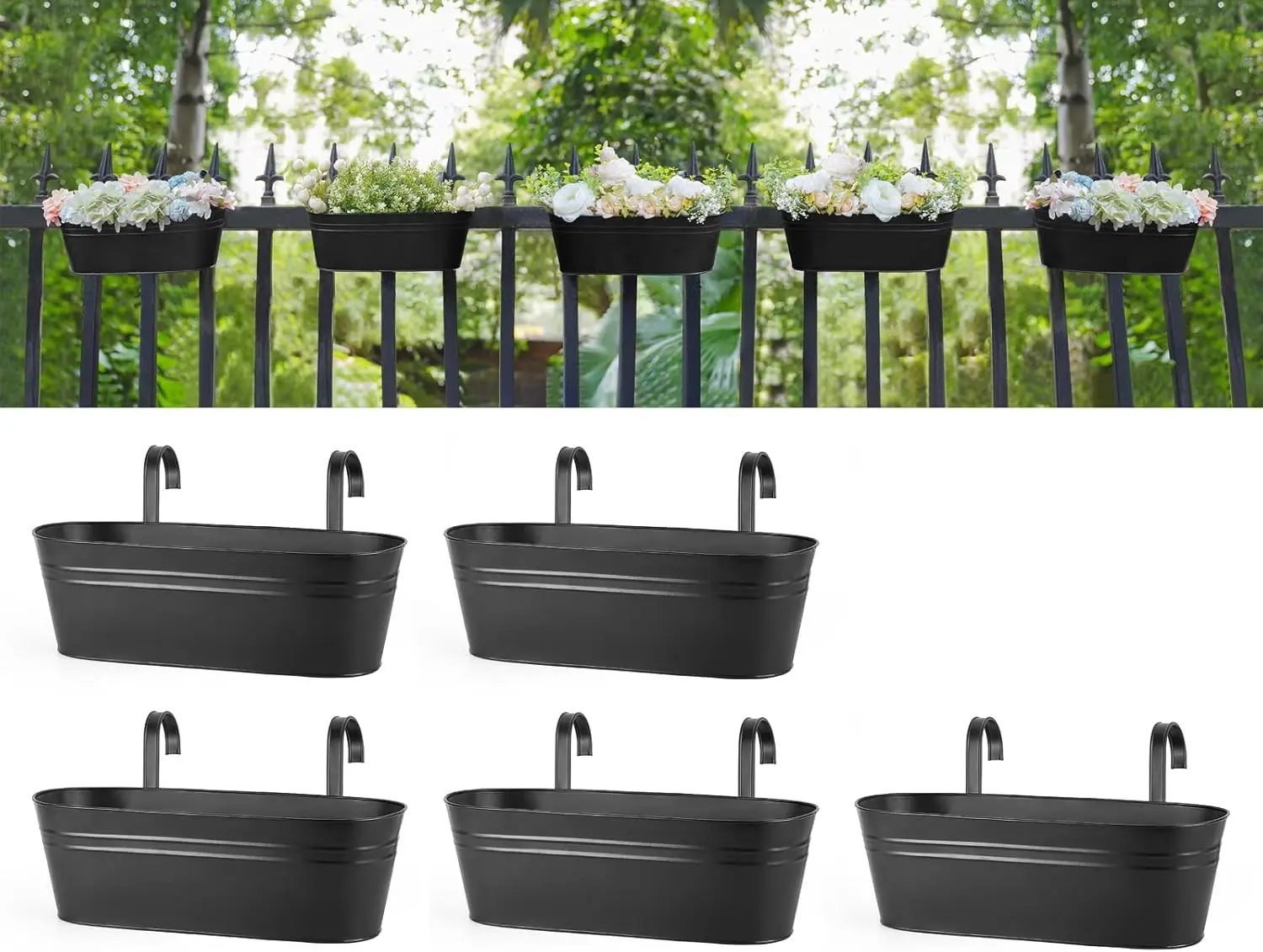 

5 Pcs Metal Iron Hanging Flower Pots for Railing Fence 15.7 Inch Hanging Bucket Pots Countryside Style Window Flower Plant