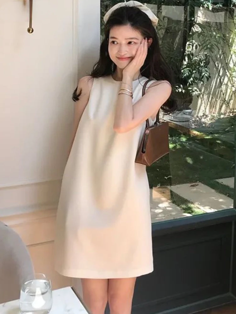 Mini Straps Dresses Women Loose Hot Sweet Pure French Style All-match O-neck Fashion Chic Summer Sleeveless New Ulzzang Girlish