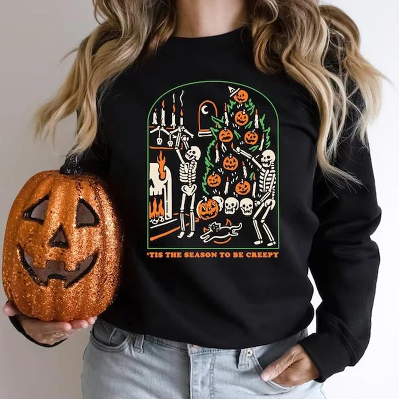 Tis The Season To Be Creepy Halloween Sweatshirt Funny Halloween Sweatshirts Women Graphic Hoodies Long Sleeve Casual Pullovers