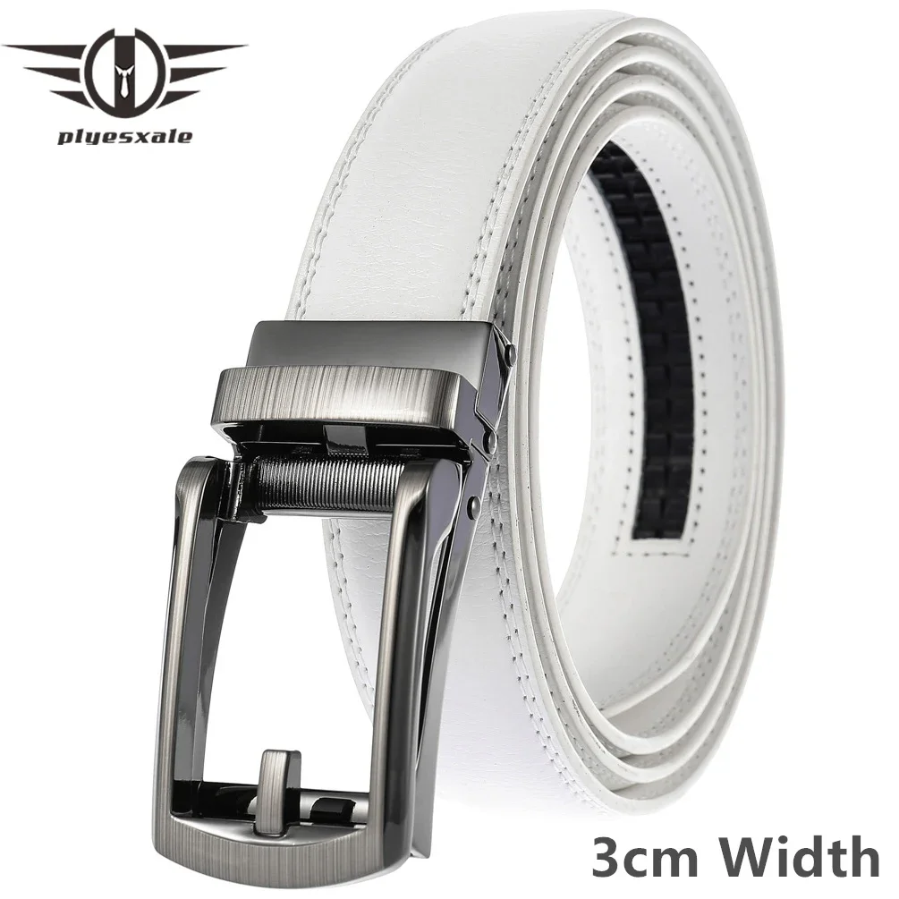 

Plyesxale 3cm Width White Genuine Leather Belt Men Cowhide Strap for Men Alloy Automatic Buckle Belts Formal Cummerbunds B1105