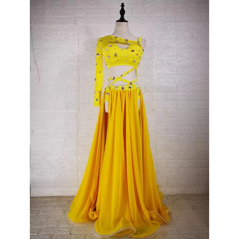 customized handmade custom performance costume belly dancewear set practice bellydance costume yellow bras tops long skirt