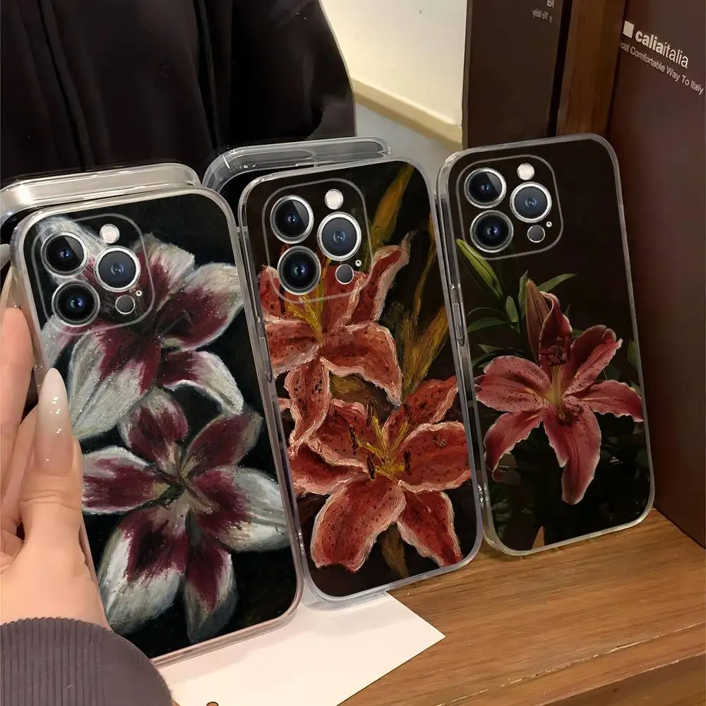 유화 백합 꽃 무늬 아이폰 16 15 프로맥스 폰 케이스 아이폰 14 11 12 고급 13 프로 실리콘