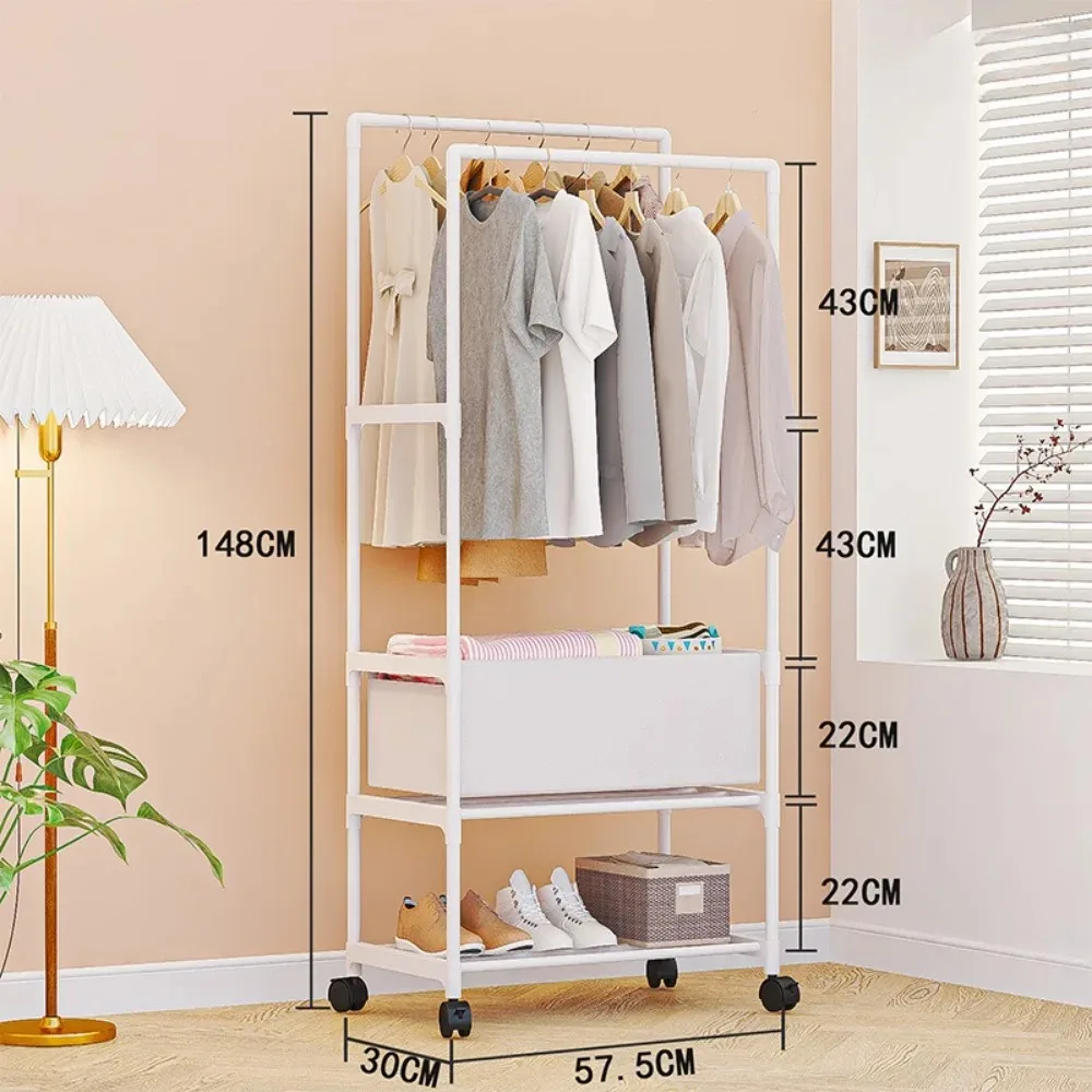 Simple Coat Rack Multi-Layer Bedroom Clothing Storage Shelf With Wheels Portable Removable Drying Hanger Standing Clothes Racks