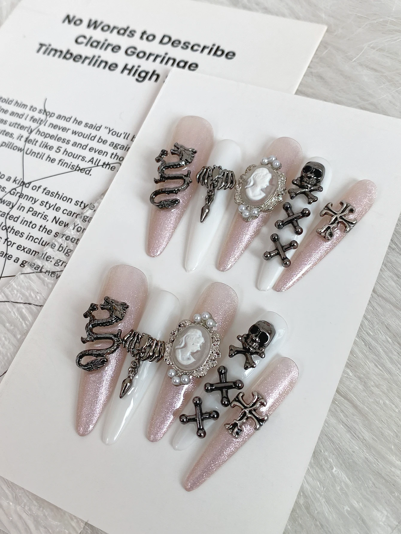 Gothic Pink Shimmer Press On Nails, Handcrafted Long Stiletto Fake Nails, Metal Dragon, Angel Wing, Retro Cameo, Skull Cross