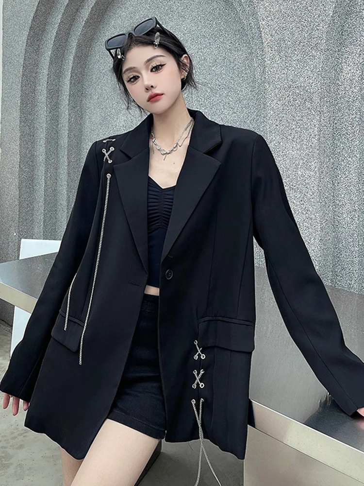 SONNEESD Streetwear Harajuku Style Fashion Neutral Personality Chain Design Coat Vintage Loose Black Stereo Cutting Suit Coat