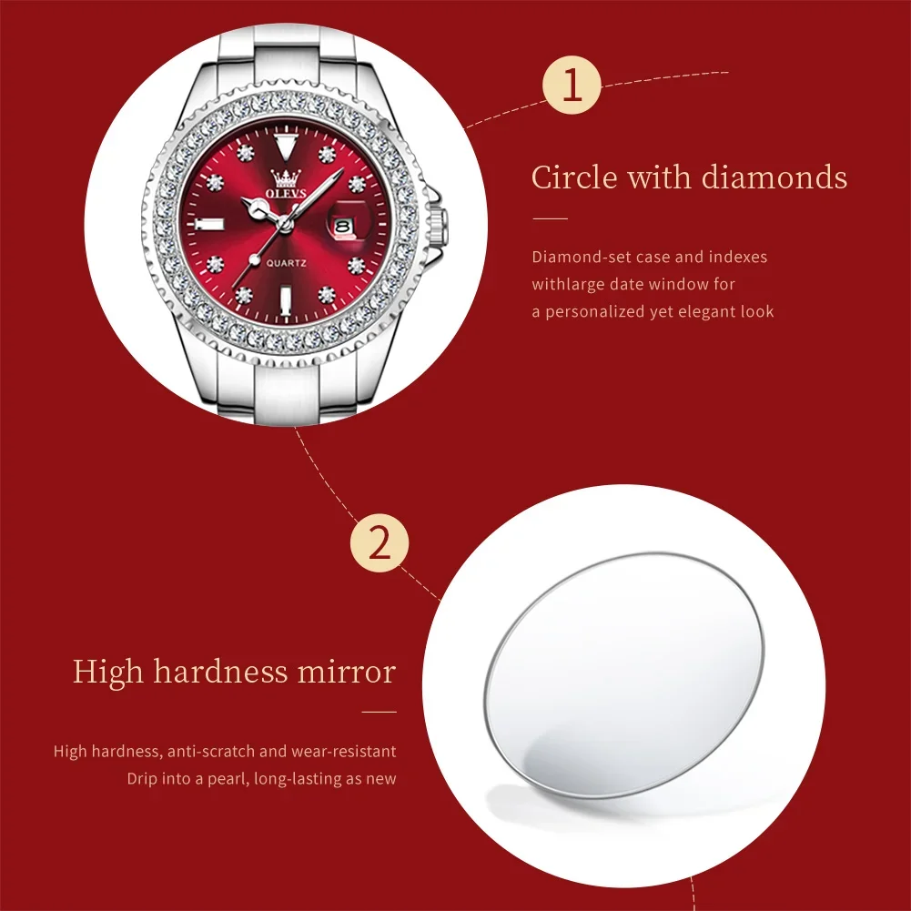 OLEVS Original Diamond Quartz Watch for Women Luxury Elegant Ladies Watches Stainless Steel Waterproof Date Women's Wristwatches