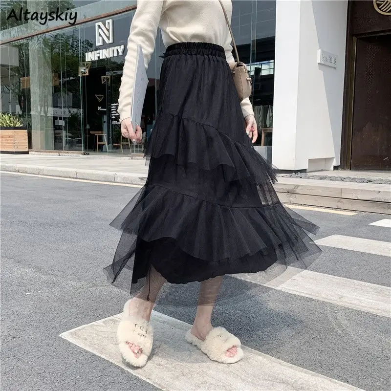 

Midi Skirts Women Mesh Chic Loose Sweet Autumn Faldas Ruffles Irregular Aesthetic Leisure High Waist French Style Vintage Solid