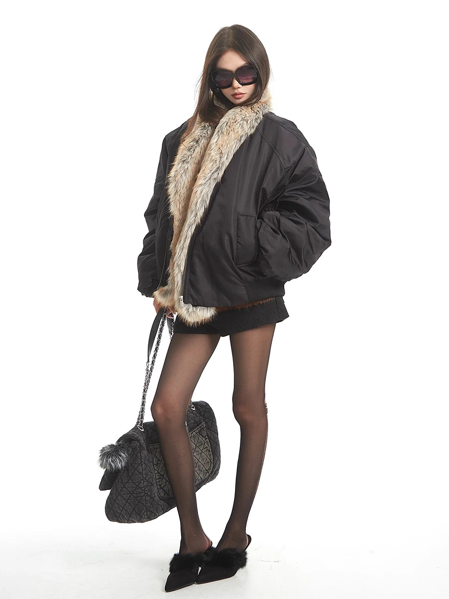 REDDACHiC 인조 모피 칼라 여성 봄버 재킷 열 보온 오픈 프론트 포켓 오버사이즈 바이커 모토 코트 빈티지 가을 겨울 아우터웨어