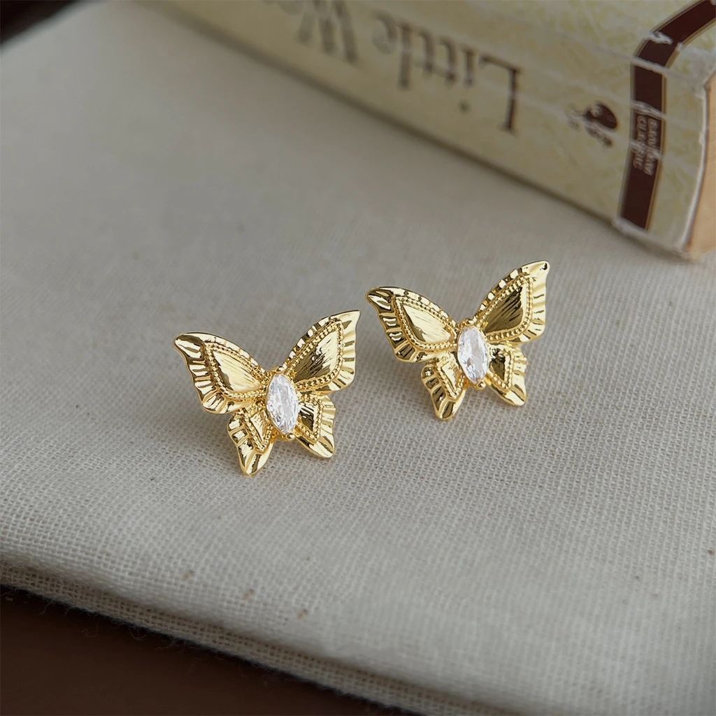 14K Gold Plated Copper Butterfly Stud Earrings Inlay Zirconia Vintage Textured Metal Ear Jewelry Gift For Women Daily Wear