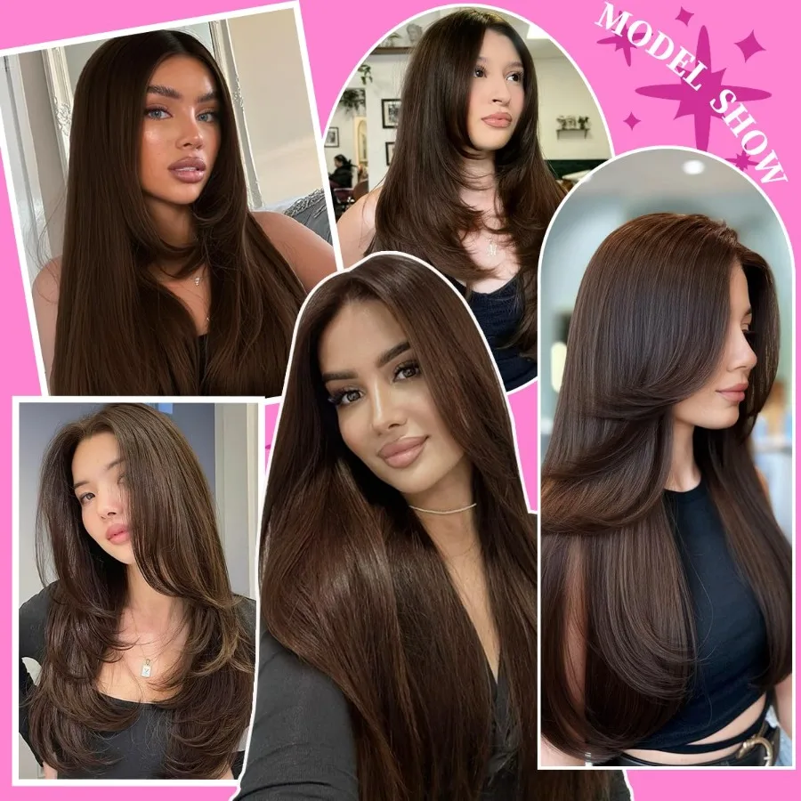 الاصطناعية 13x4 الدانتيل الجبهة الباروكات قبل قطعها الشوكولاته براون شعر مستعار مستقيم للنساء على استعداد لارتداء شعر مستعار غلويليس مع الانفجارات طويلة L #6