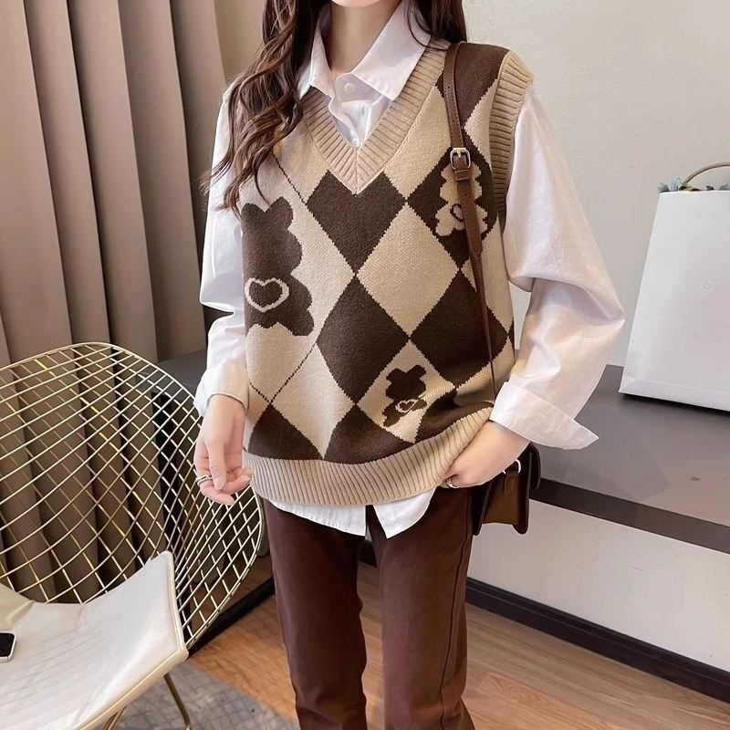 

Вязаные жилеты для женщин с узором Y2k, винтажные топы для работы, жилет, распродажа одежды 2025, джемпер, шерстяные свободные женские свитера