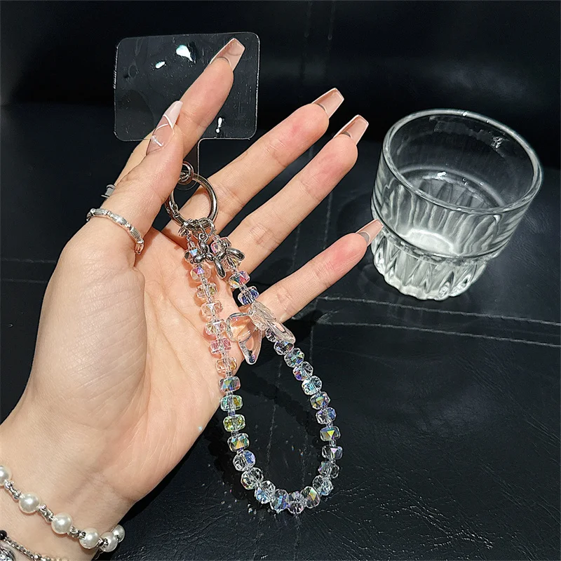 Luxury Colorful Butterfly Crystal Bead Phone Bracelet Strap Charm Chain Knot Cellphone Lanyard Keychain Bag Camera keychain Pend