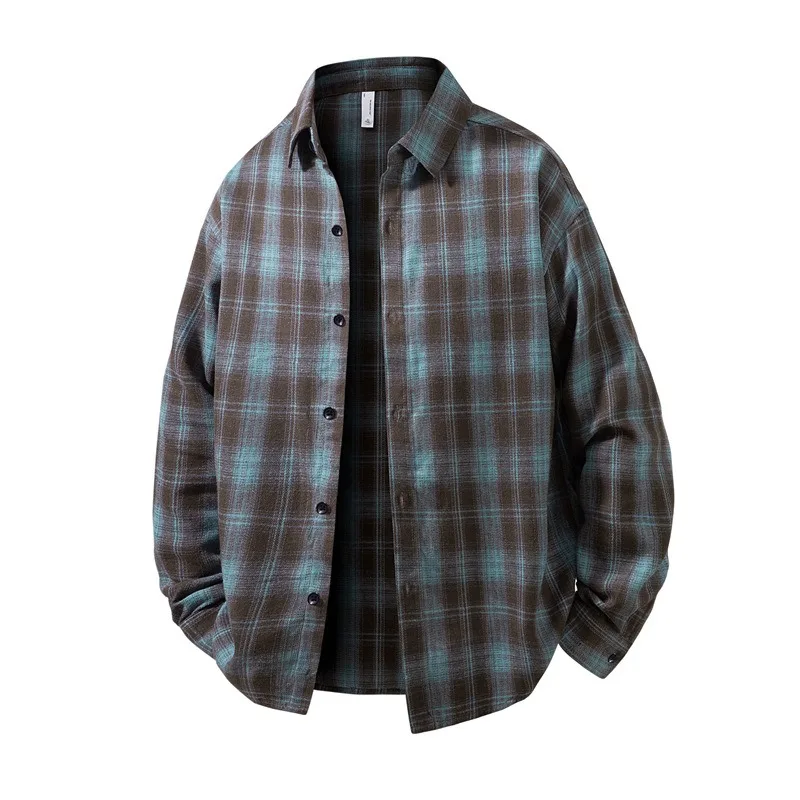 

Мужская фланелевая рубашка в коричнево-бирюзовую клетку с длинным рукавом, на пуговицах, повседневная, свободного кроя