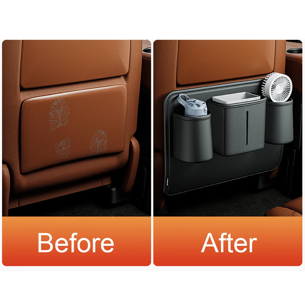 Car Seat Back Anti Kick Pad Auto Backseat Protector Short PU Leather With Cup Holder Tissue Bag Trash Can Bin Garbage