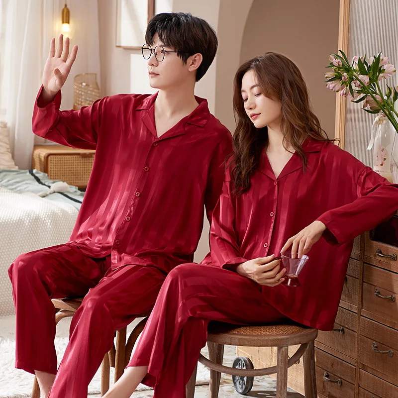 

Women Sleepwear Summer Pajama Set Red Turn Down Collar Faux Silk Satin Short Sleeve Casual Female Male Pajamas Home Wear Shorts