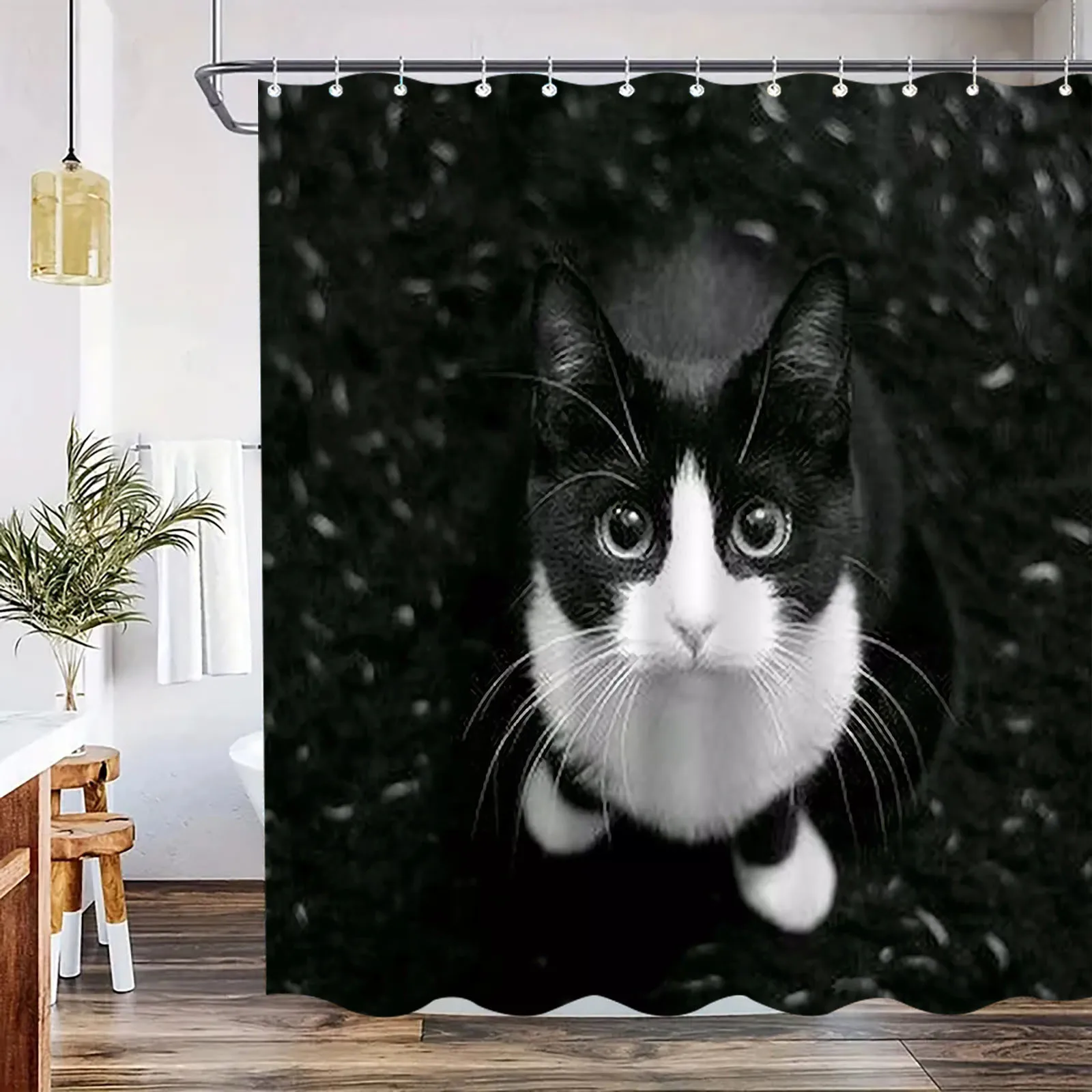 

Черно-белая занавеска для душа с изображением кота, снежный лес, портретный принт, декор для ванной комнаты, водонепроницаемые шторы для любителей домашних животных, домашний стиль