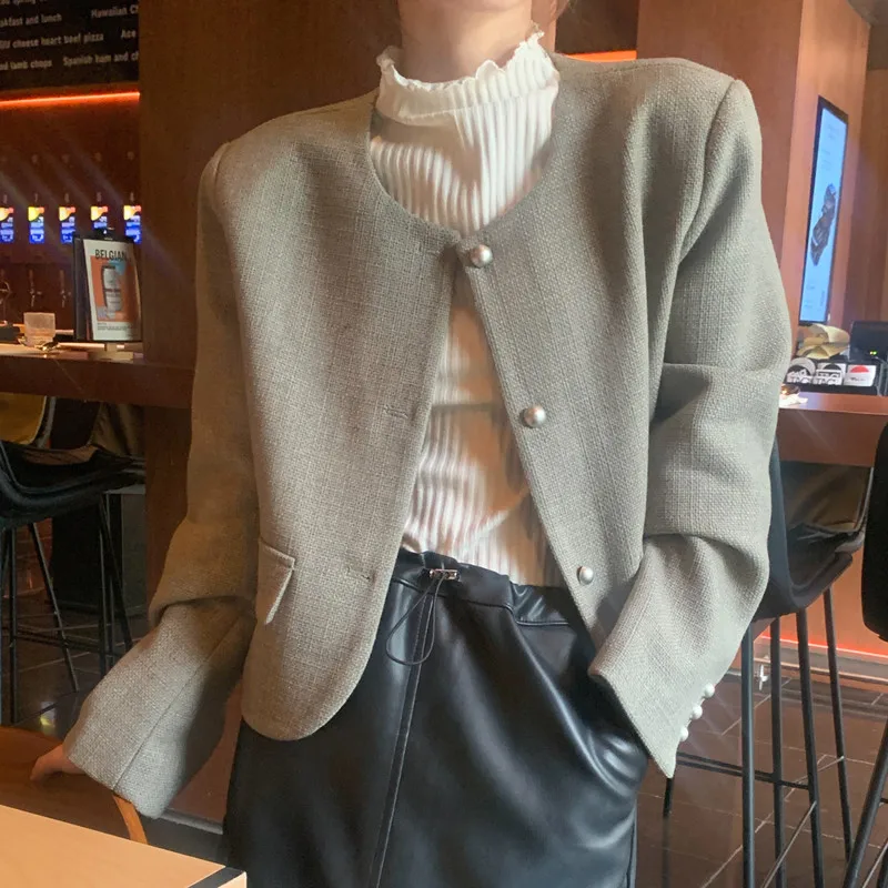 

Women's Autumn New Style Jacket Casual Temperament Round Neck Single Breasted Short Woolen Coat