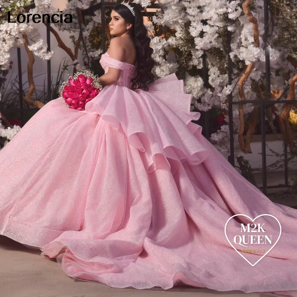 

Lorencia Mexican Shiny Pink Quinceanera Dress Ball Gown Applique Beading Tiered Corset Sweet 16 Vestidos De 15 Años YQD919