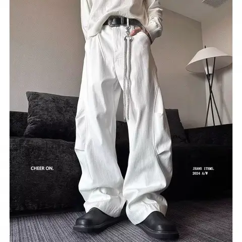 Pantalones Cargo informales blancos Retro americanos para hombre, moda coreana, ropa de calle Harajuku, pantalones holgados para correr, pantalones de pierna ancha Y2k, ropa para hombre